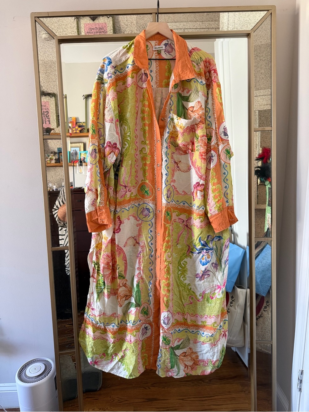 Celandine Anthropologie Floral Long Lightweight shirt dress — Orange & Multi